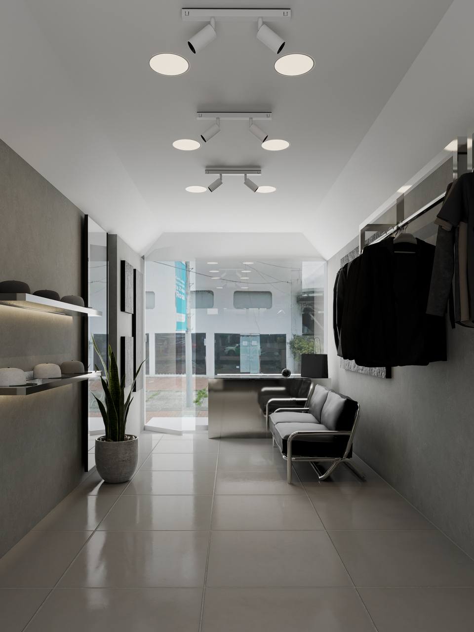 Render vista general tienda streetwear Bogotá — diseño ARM Estudio 2025