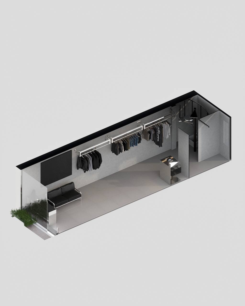Render diseño interior tienda de ropa Pitbullying — propuesta de circulación ARM Estudio Bogotá