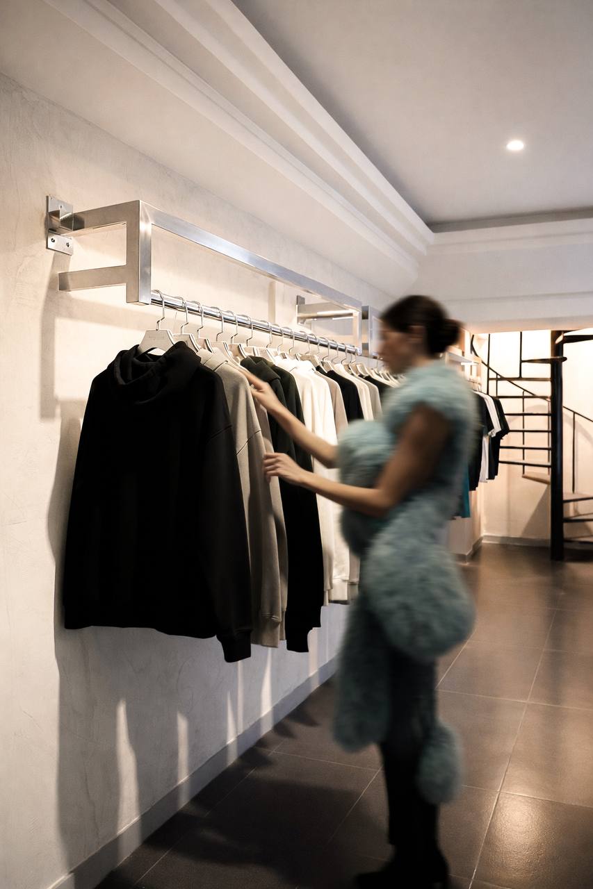 Cliente recorriendo roperos tienda de ropa Bogotá — resultado remodelación ARM Estudio