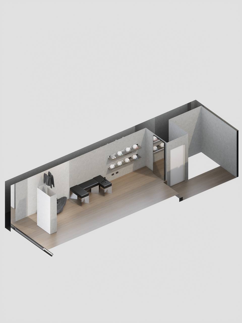Render segundo piso boutique Pitbullying — zona de convivencia y exhibición selecta